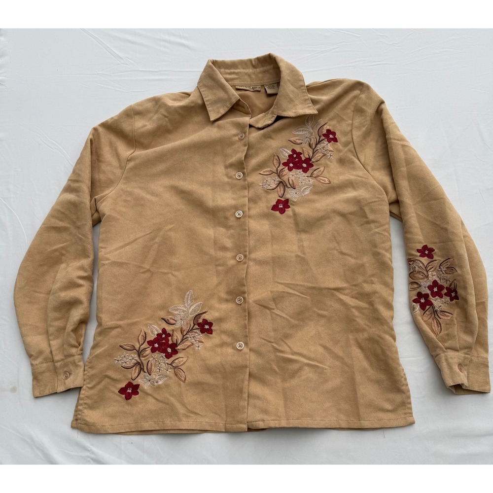 Fashion Classics Tan Faux Suede Floral Embroidered Button Front Shirt Medium